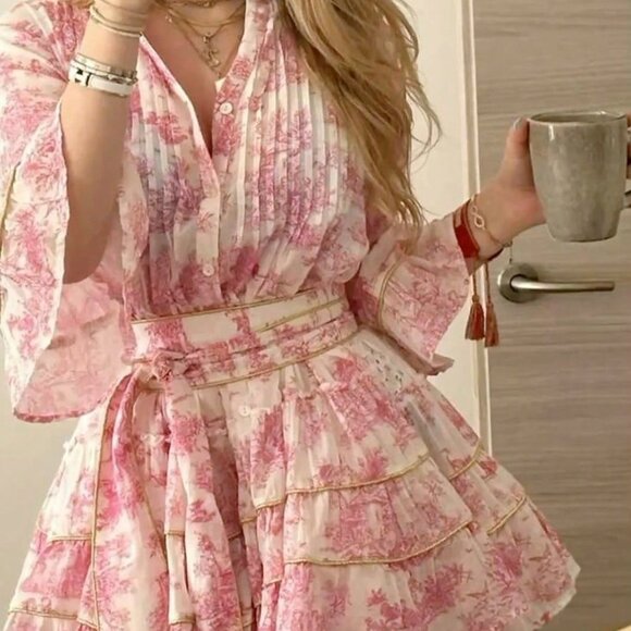Pink Boho Women's Casual Elegant Romantic Vacation Printed Button Dress - Picture 1 of 5